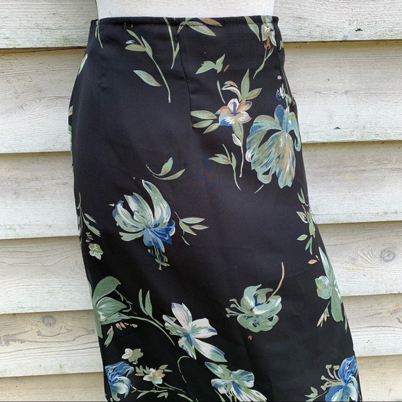 Vintage 90s Black Floral Print Elastic High Waist Sheer Ankle Length Midi Skirt - Picture 7 of 16